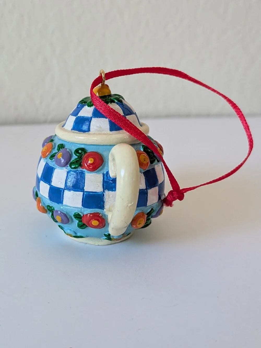 Mary Engelbreit ME Tea PotOrnament Collection Blue White Checkered with Floral